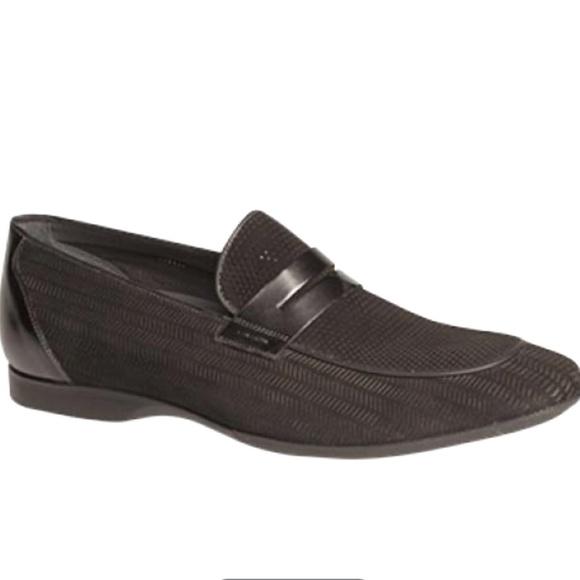 Mezlan "Rogier" 5890 Black Genuine Burnished Patterned Suede Penny Loafer 12D - Picture 1 of 12